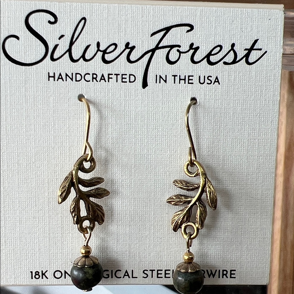 Silver Forest Gold Leaf Earrings with Black Beads